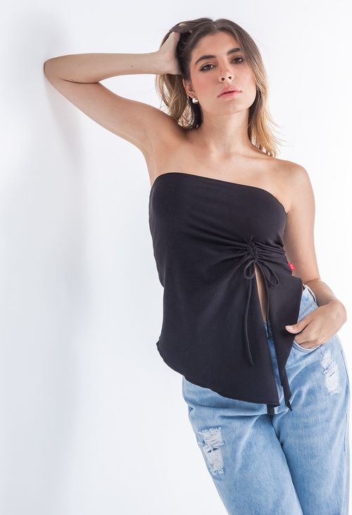 Camiseta strapless con recogido en frente para mujer