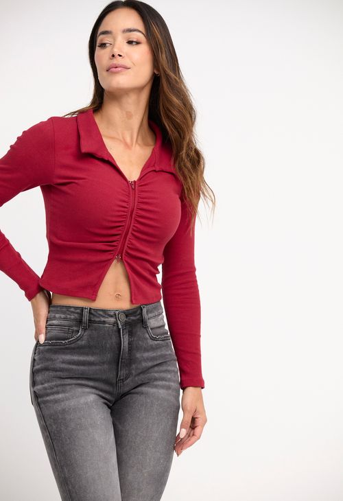 Camiseta vinotinto con cremallera para mujeres
