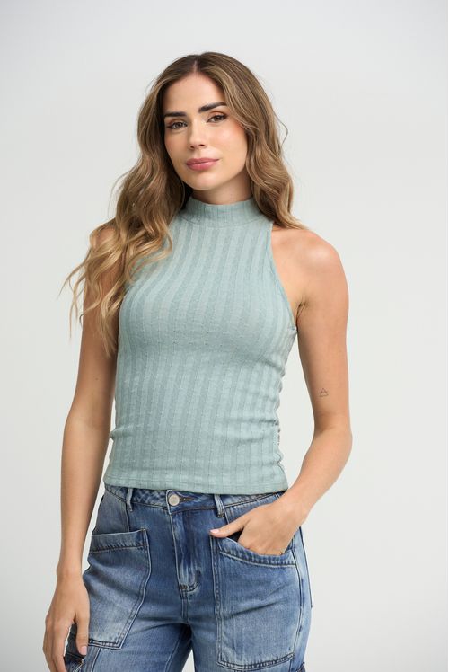 Camiseta verde militar con cuello alto para mujeres
