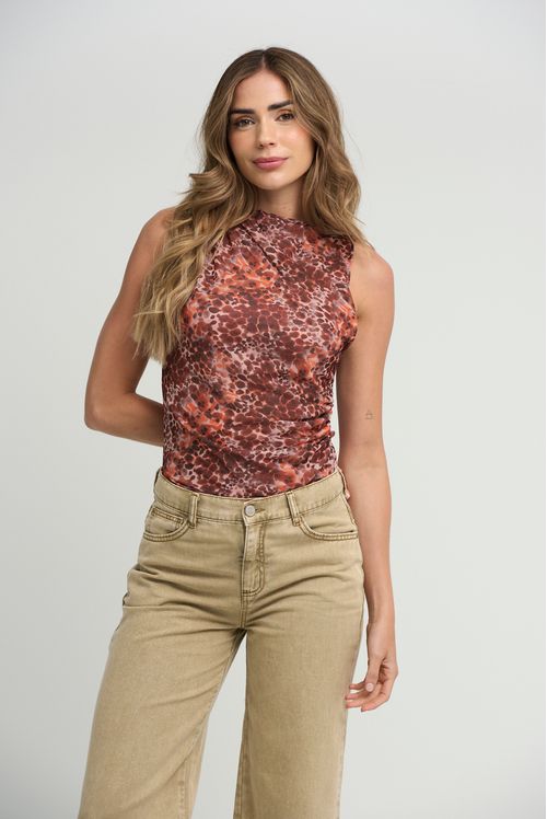 Camiseta terracota malla estampada para mujeres
