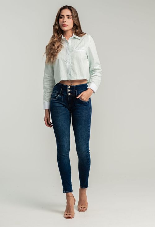 Jean escultor medio oscuro detalle en pretina para mujeres