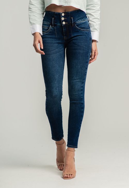 Jean escultor medio oscuro detalle en pretina para mujeres