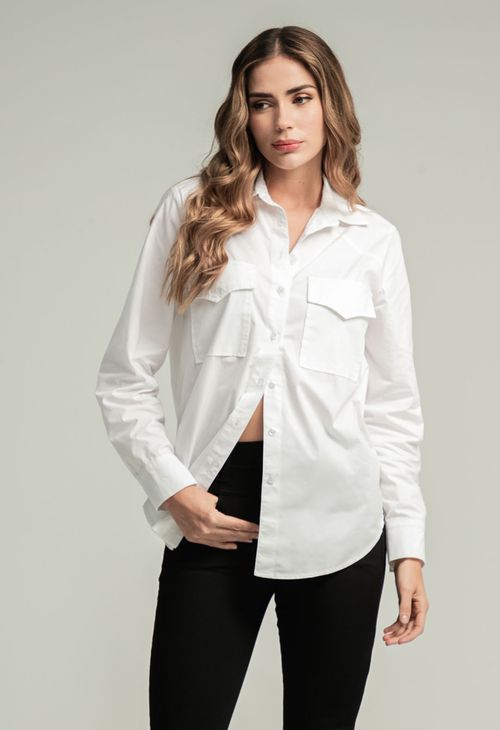 Blusa blanca con bolsillo en frente para mujeres