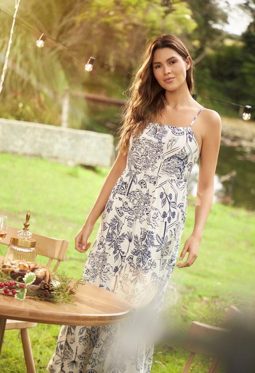 Vestido largo azul con amarre para mujeres