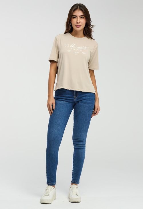 Camiseta en rib arena estampada para mujeres