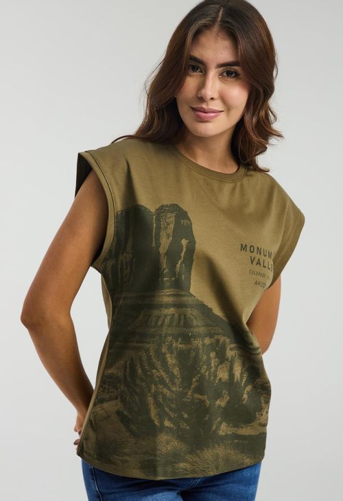 Camiseta verde militar manga rodada para mujeres