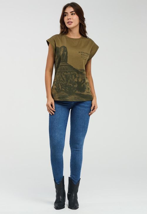 Camiseta verde militar manga rodada para mujeres