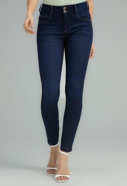 Jean elastik oscuro doble botón en pretina para mujeres