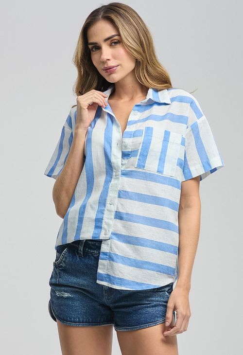 Blusa a rayas azul con bolsillo para mujeres
