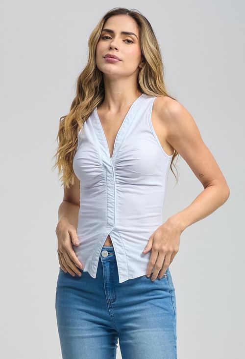 Blusa blanca con recogido enfrente para mujeres