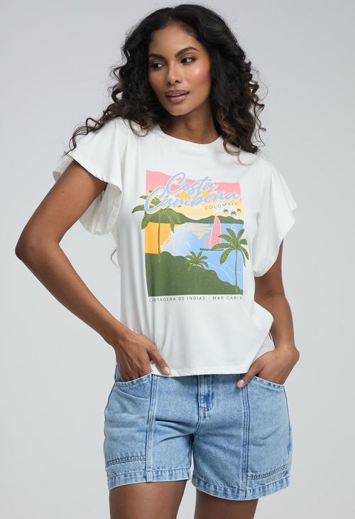 Camiseta marfil estampada en frente para mujeres